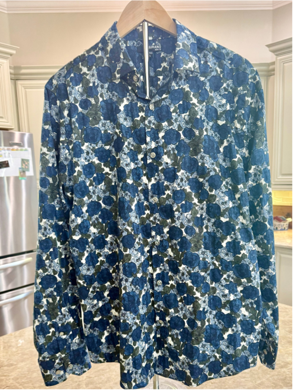 Men's Murano Slim Fit Casual Button Down Shirt, Large, Blue Floral all over